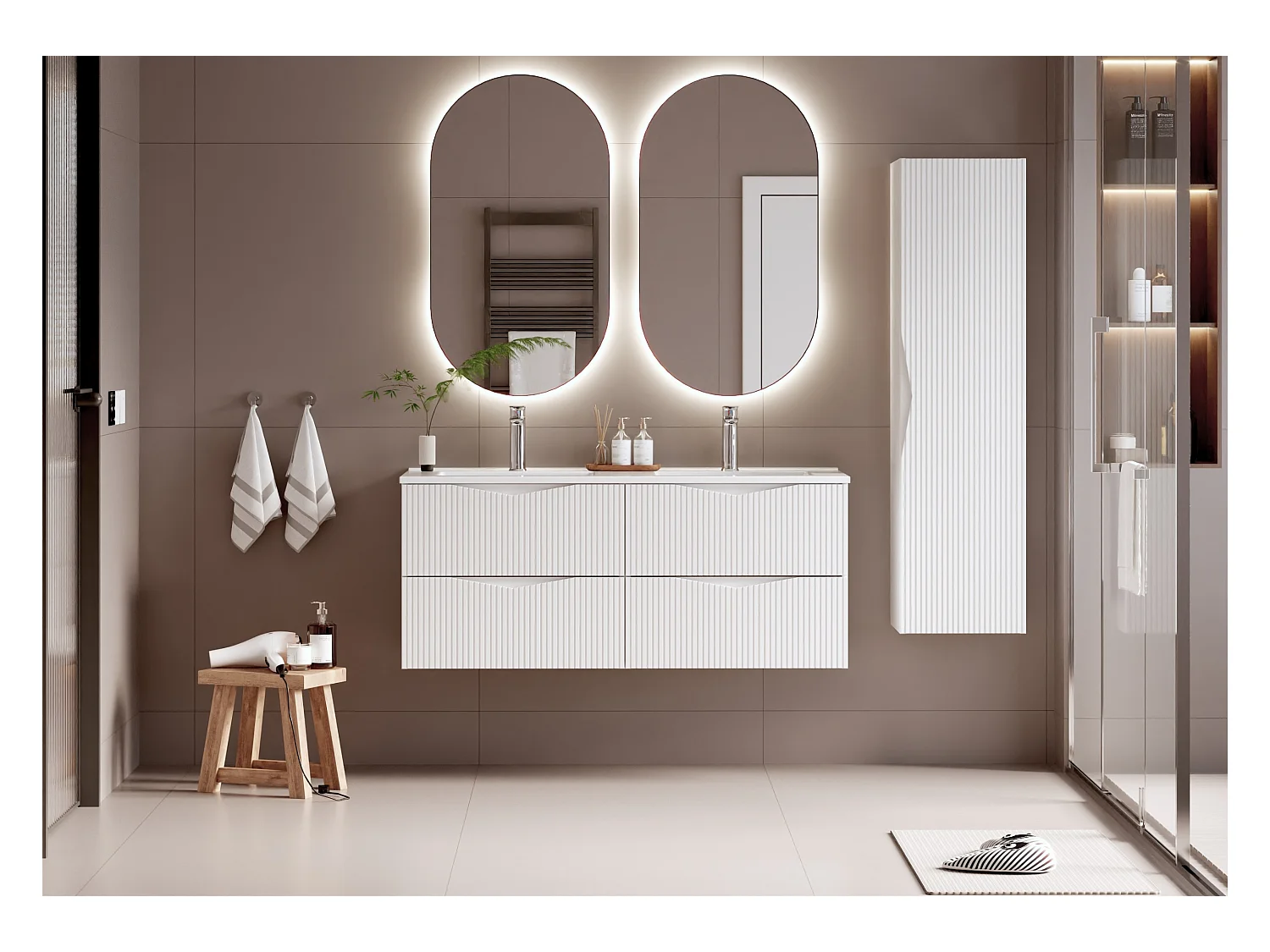 Ensemble meuble double vasque encastrée 120cm et colonne Tao Blanc