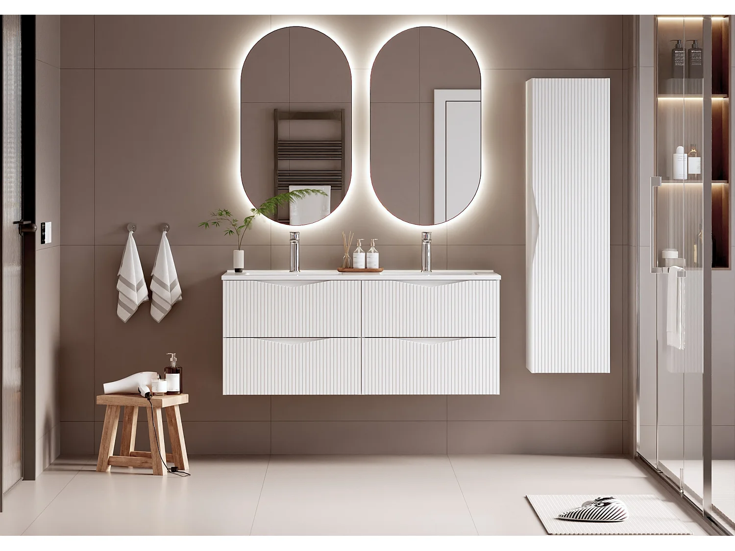 Ensemble meuble double vasque encastrée 120cm et colonne Tao Blanc