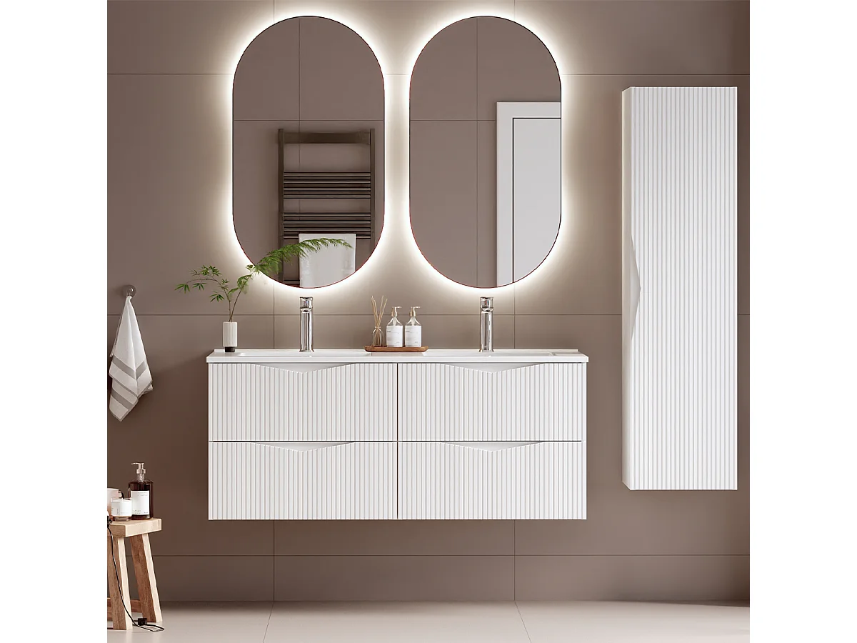 Ensemble meuble double vasque encastrée 120cm et colonne Tao Blanc