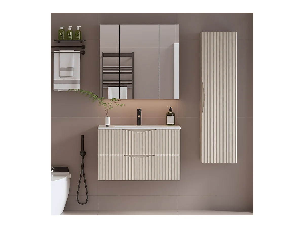 Ensemble meuble simple vasque encastrée 80cm et colonne Tao Cachemire