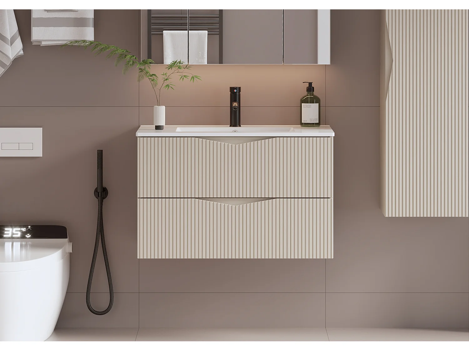 Ensemble meuble simple vasque encastrée 80cm et colonne Tao Cachemire