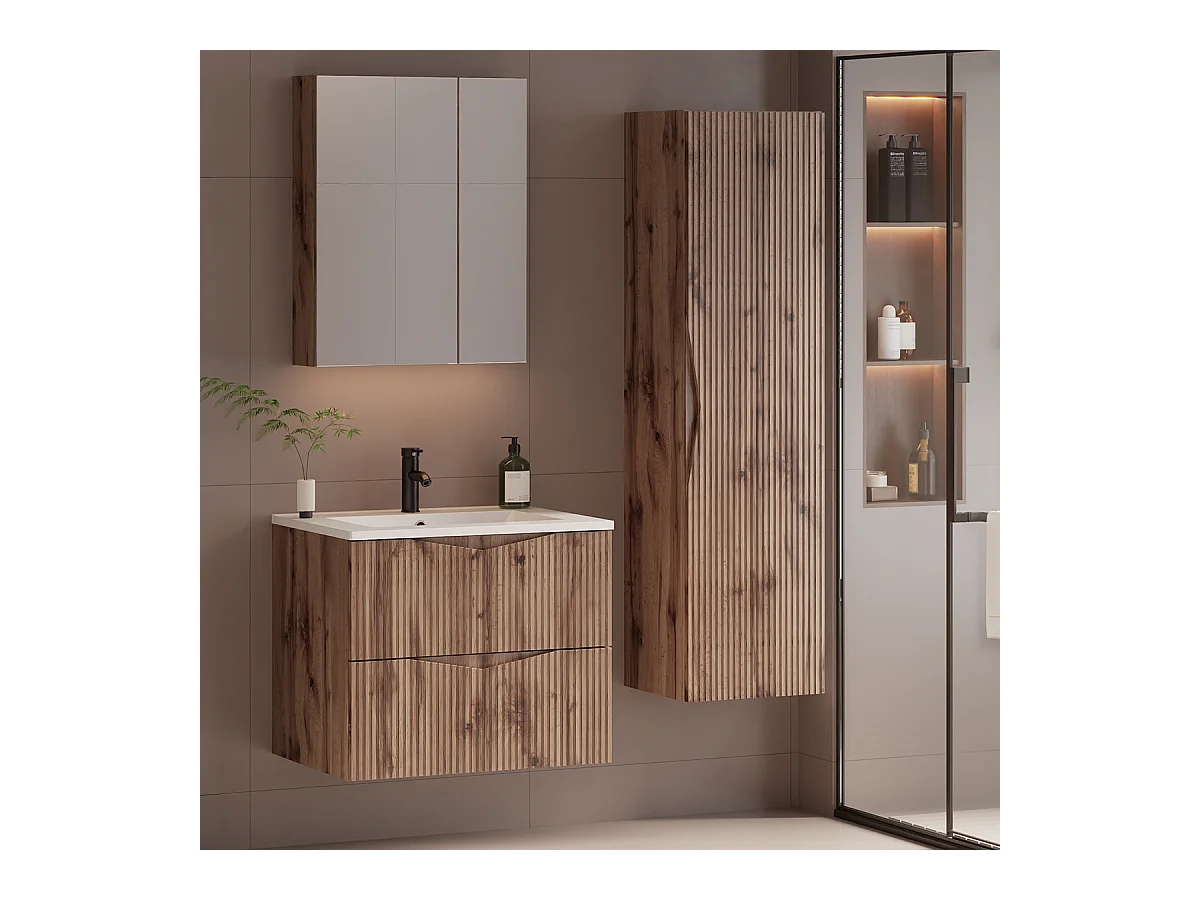 Ensemble meuble simple vasque encastrée 60cm et colonne Tao Bois