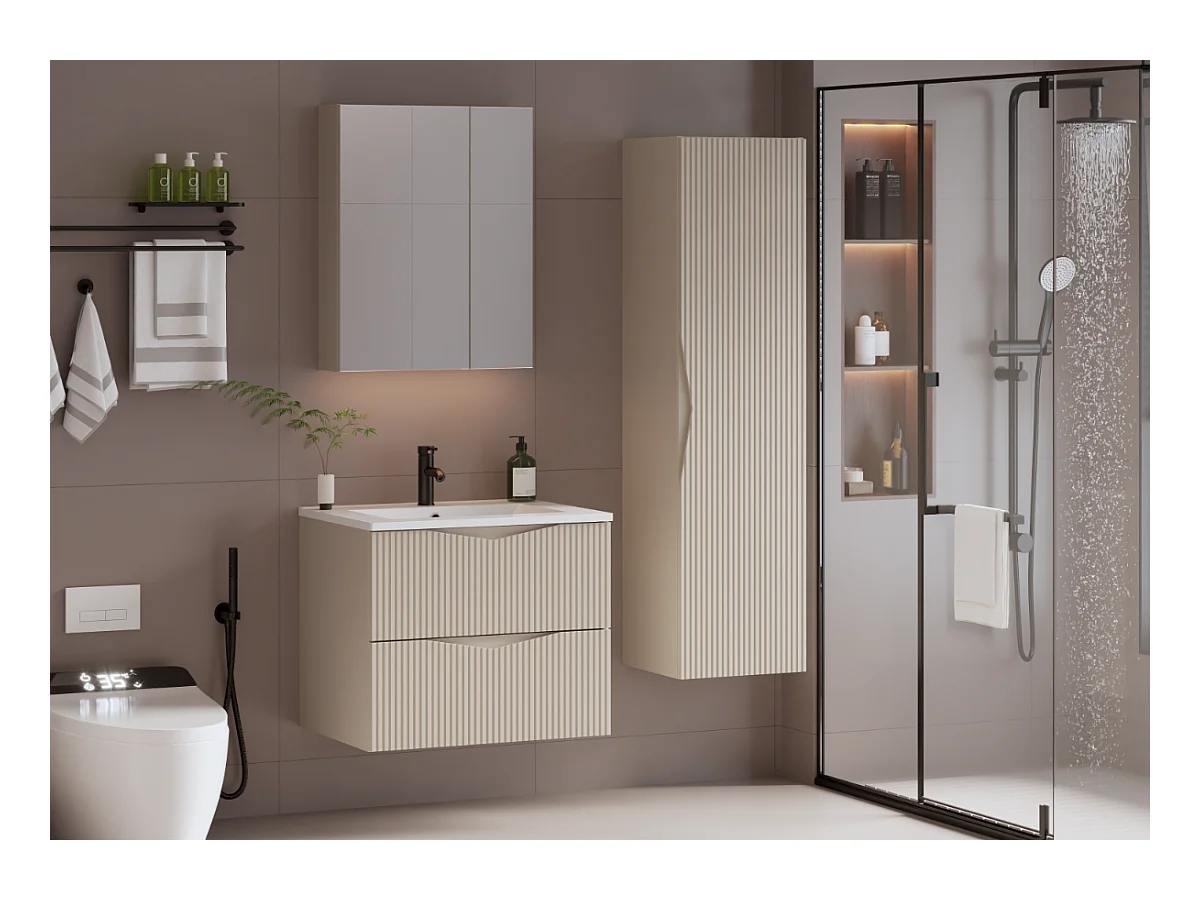 Ensemble meuble simple vasque encastrée 60cm et colonne Tao Cachemire