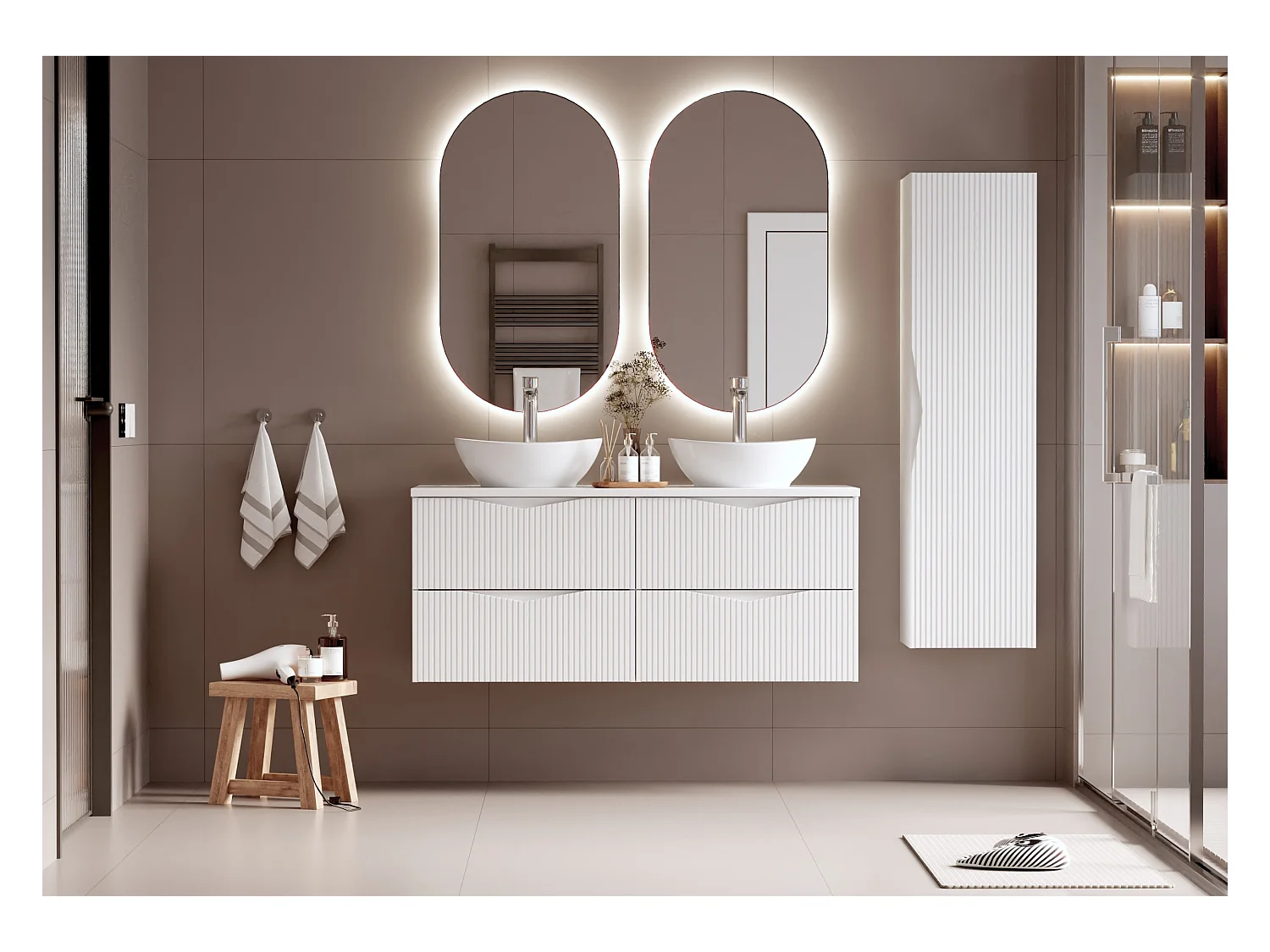 Ensemble meuble double vasque 120cm et colonne Tao Blanc