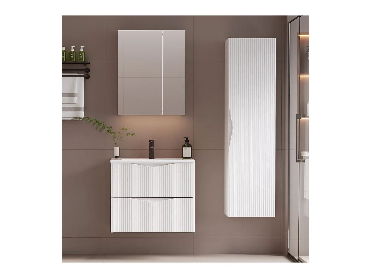 Ensemble meuble simple vasque encastrée 60cm et colonne Tao Blanc