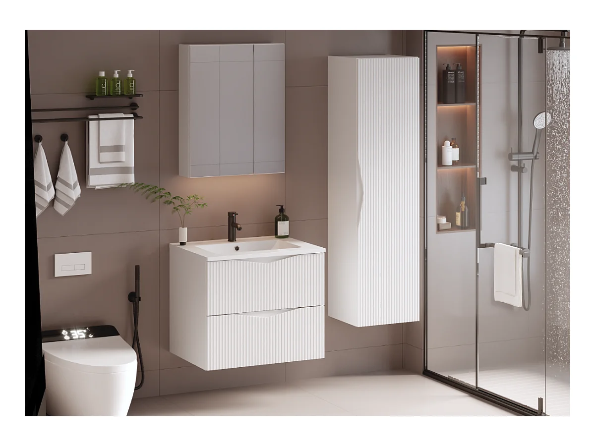 Ensemble meuble simple vasque encastrée 60cm et colonne Tao Blanc