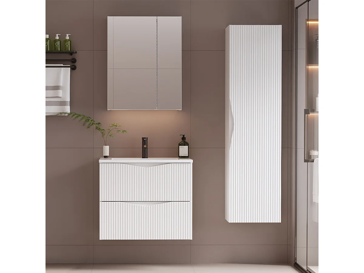 Ensemble meuble simple vasque encastrée 60cm et colonne Tao Blanc