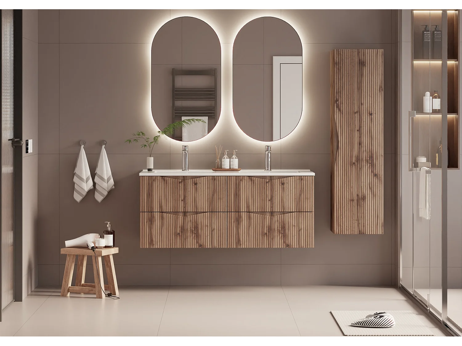 Ensemble meuble double vasque encastrée 120cm et colonne Tao Bois