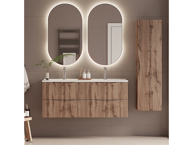 Ensemble meuble double vasque encastrée 120cm et colonne Tao Bois