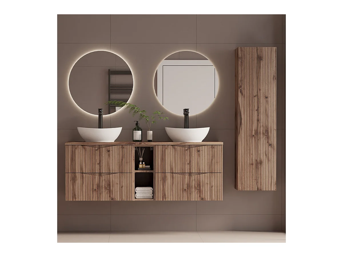 Ensemble meuble double vasque 140cm 2 niches et colonne Tao Bois