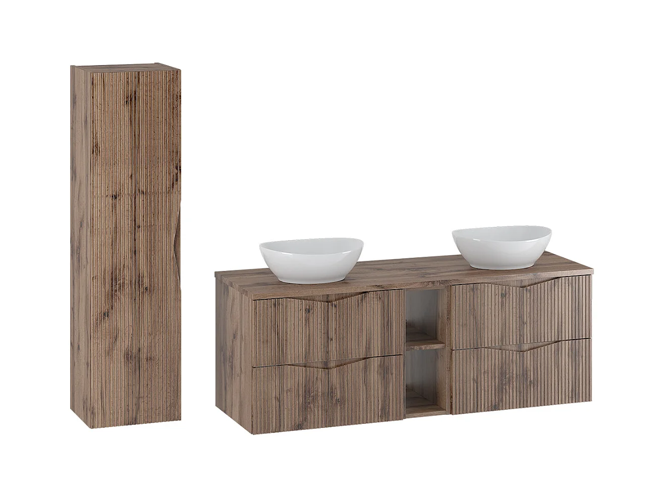 Ensemble meuble double vasque 140cm 2 niches et colonne Tao Bois