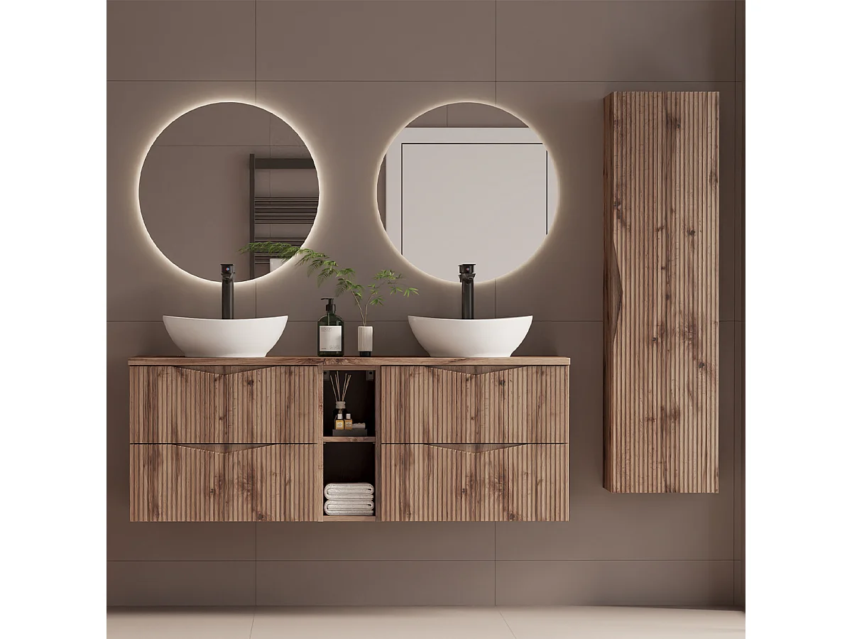 Ensemble meuble double vasque 140cm 2 niches et colonne Tao Bois