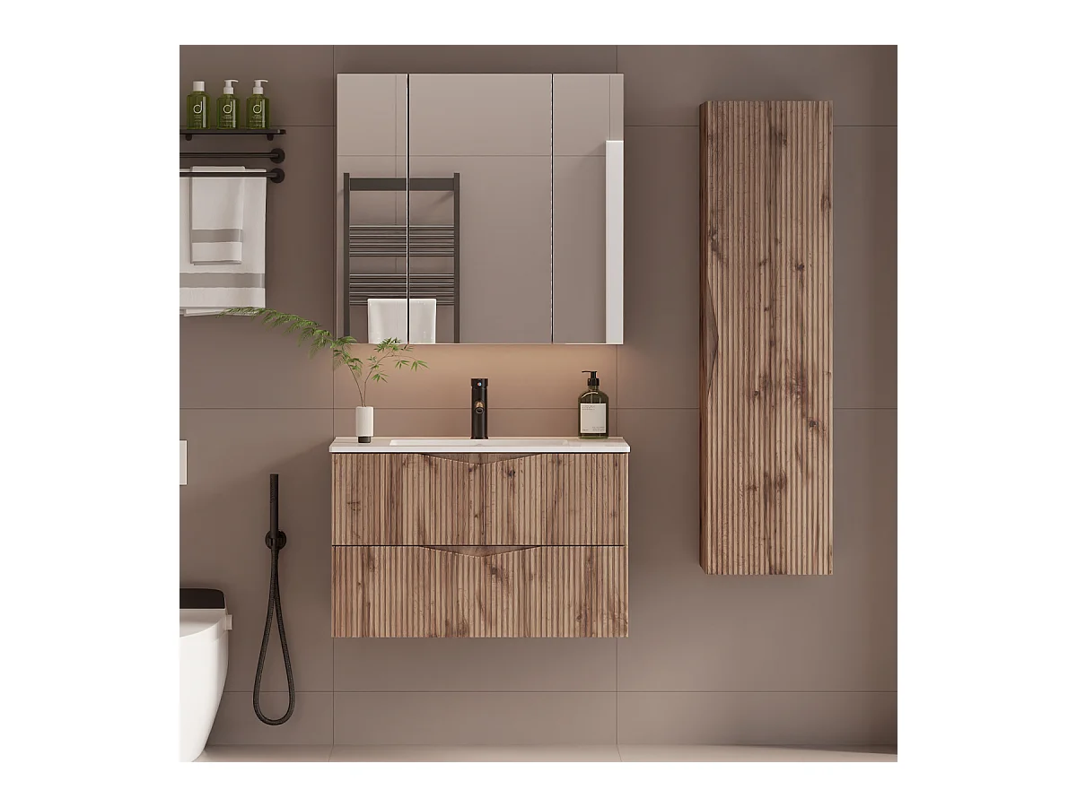 Ensemble meuble simple vasque encastrée 80cm et colonne Tao Bois