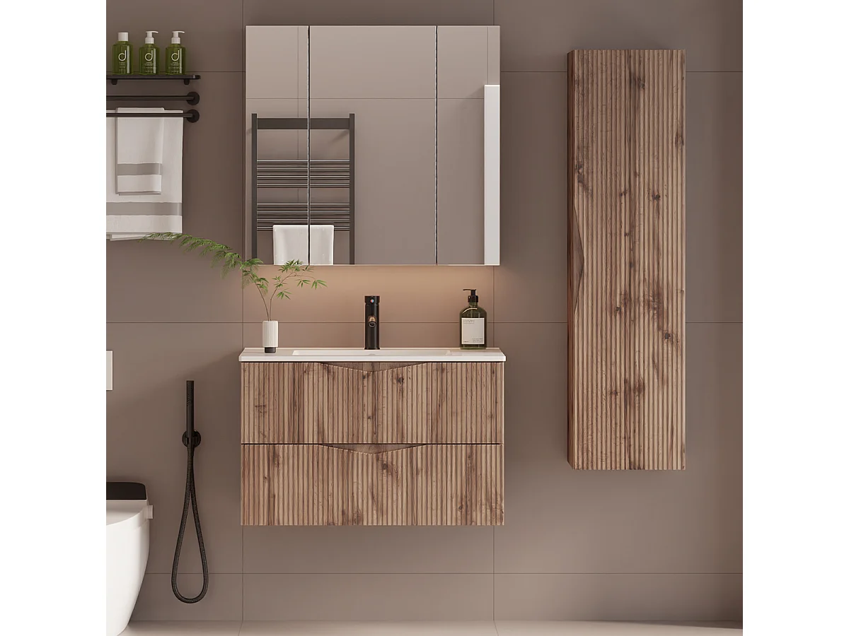 Ensemble meuble simple vasque encastrée 80cm et colonne Tao Bois