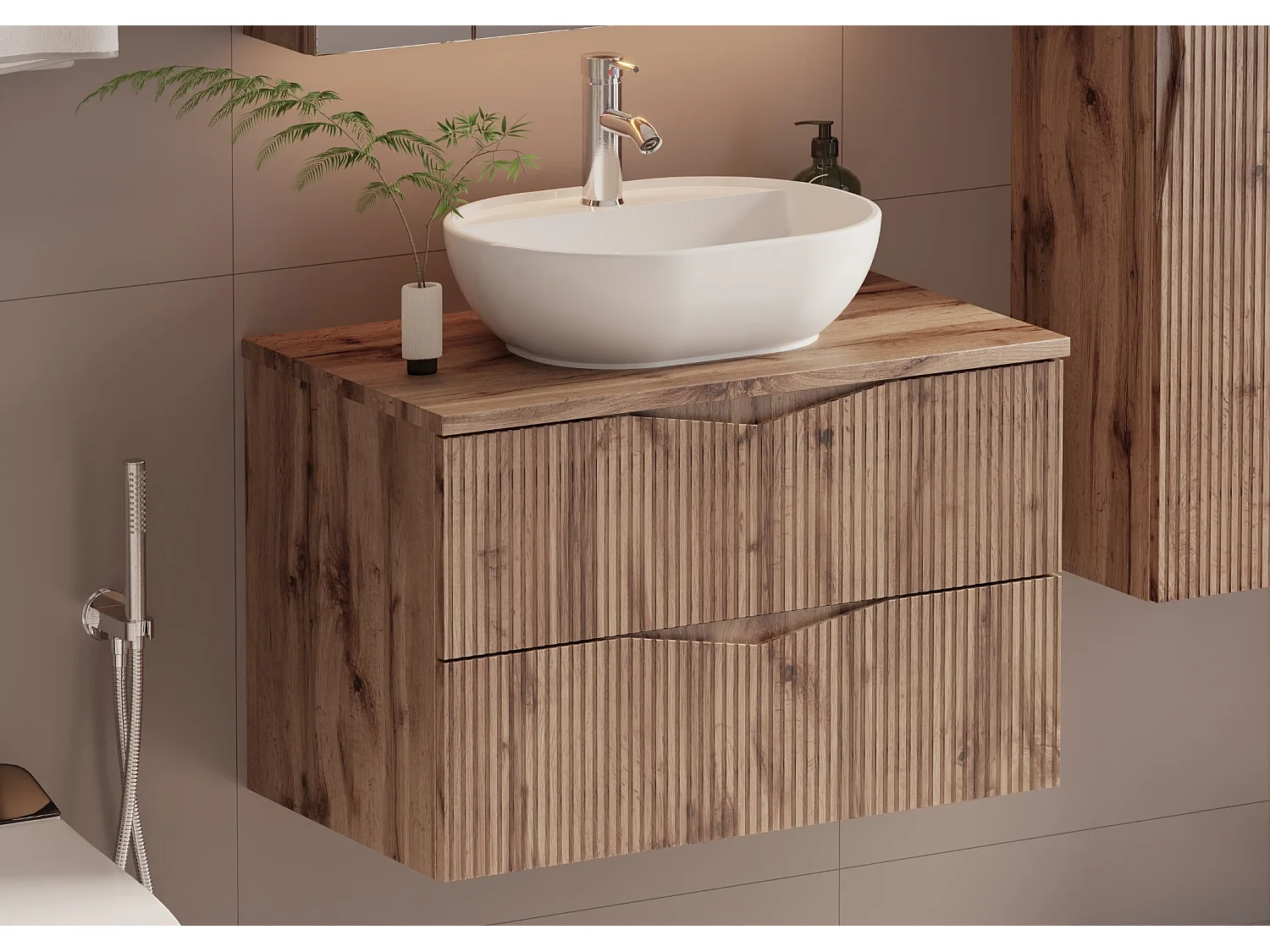 Conjunto mueble lavabo individual 80cm y columna Tao Madera
