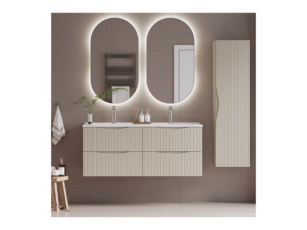 Ensemble meuble double vasque encastrée 120cm et colonne Tao Cachemire