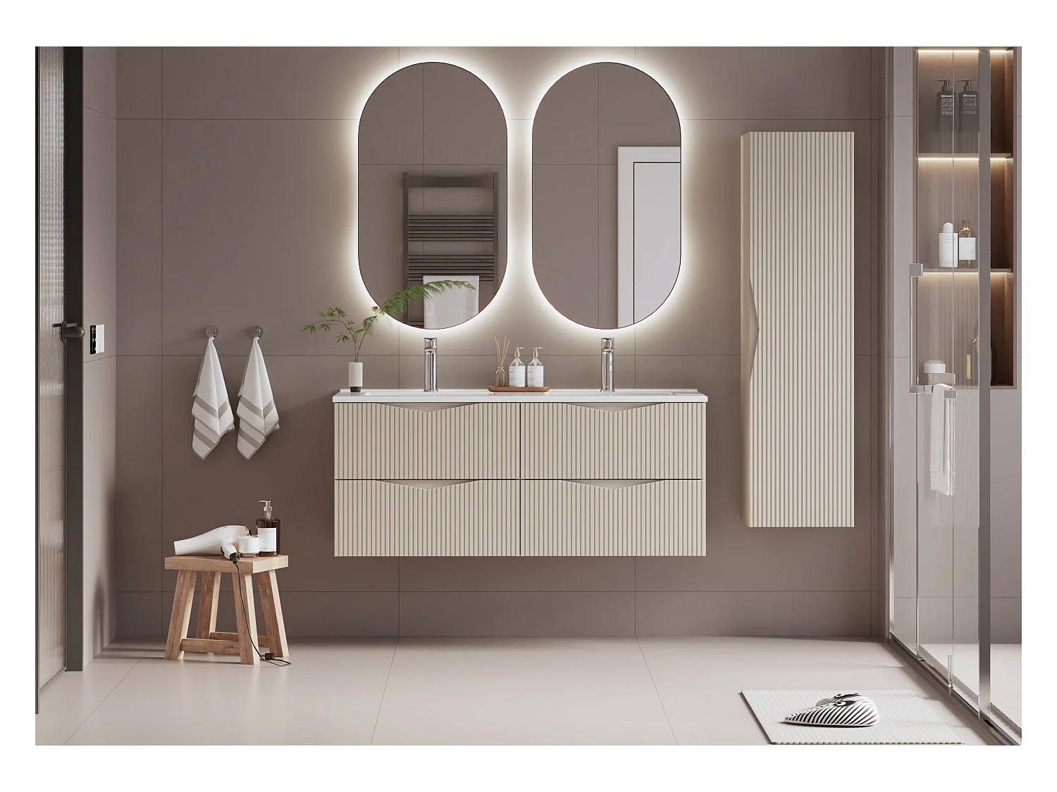 Ensemble meuble double vasque encastrée 120cm et colonne Tao Cachemire