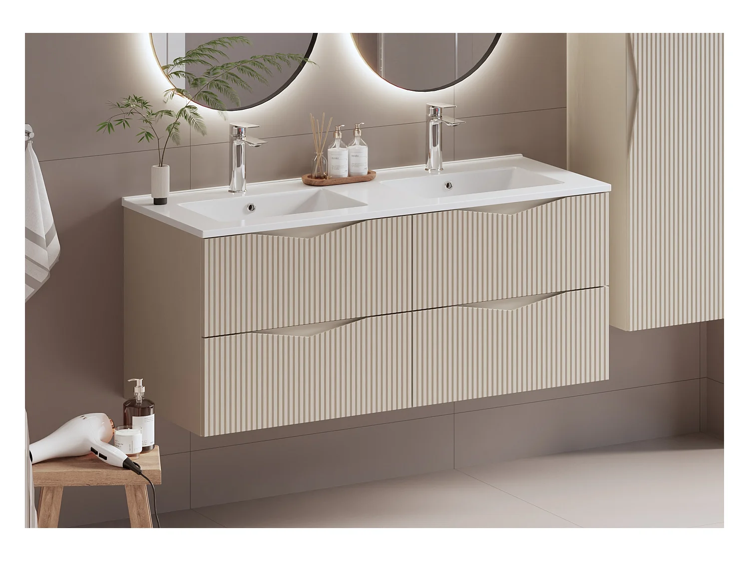 Ensemble meuble double vasque encastrée 120cm et colonne Tao Cachemire