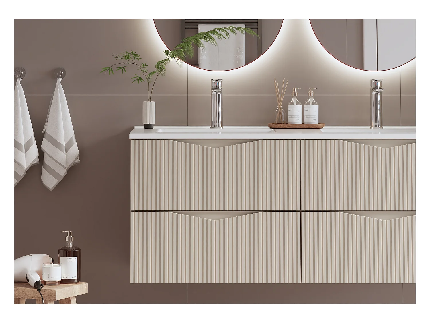 Ensemble meuble double vasque encastrée 120cm et colonne Tao Cachemire