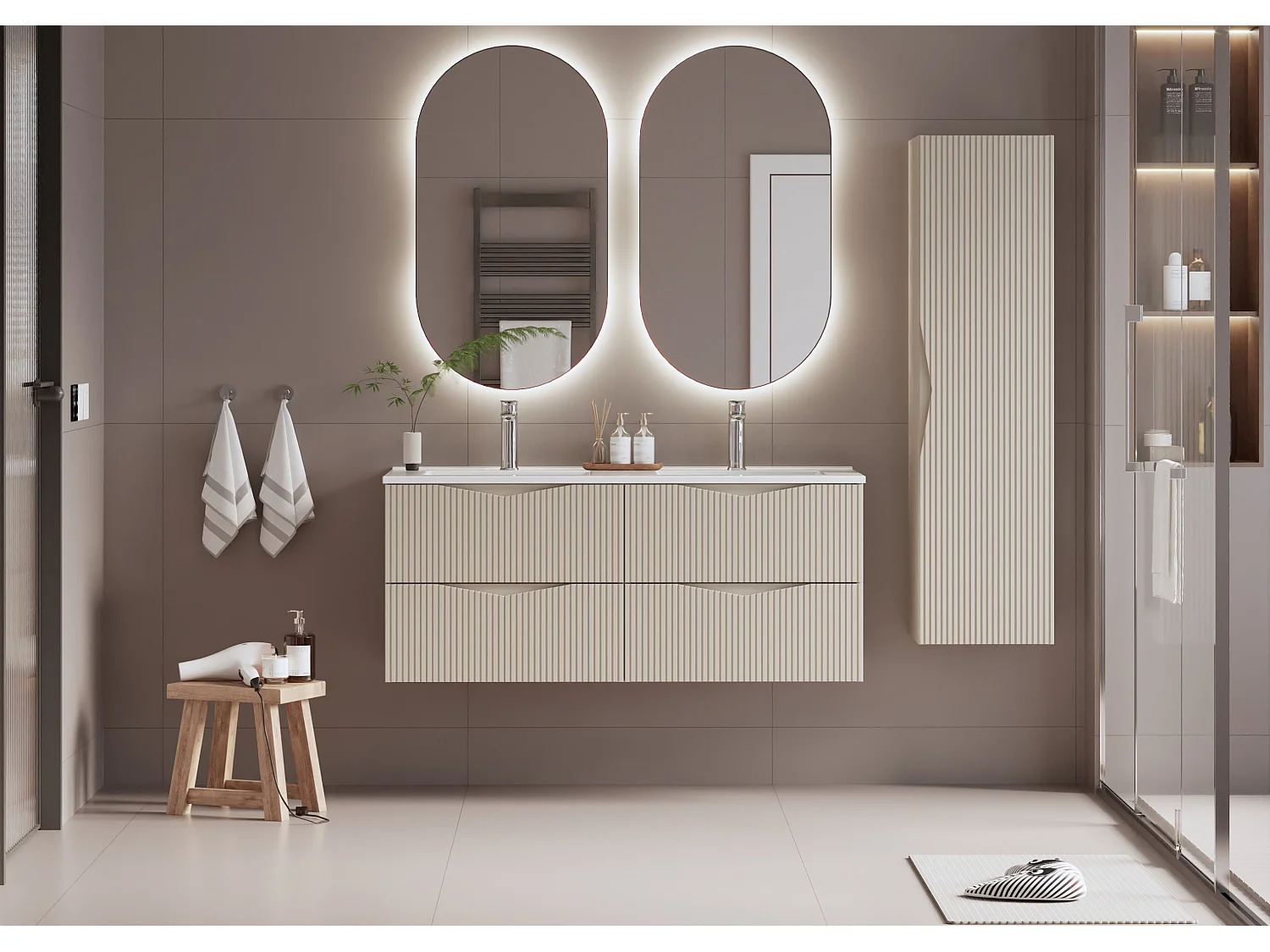 Conjunto mueble lavabo doble encastrado 120cm y columna Tao Cachemira