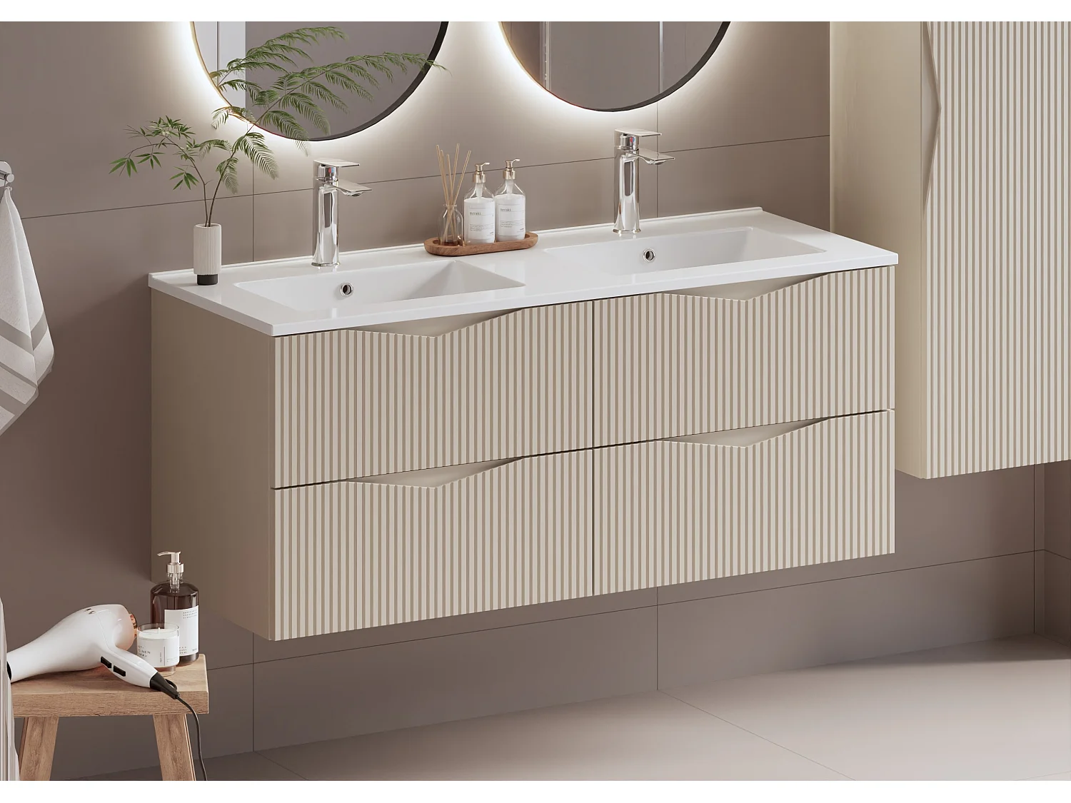Conjunto mueble lavabo doble encastrado 120cm y columna Tao Cachemira