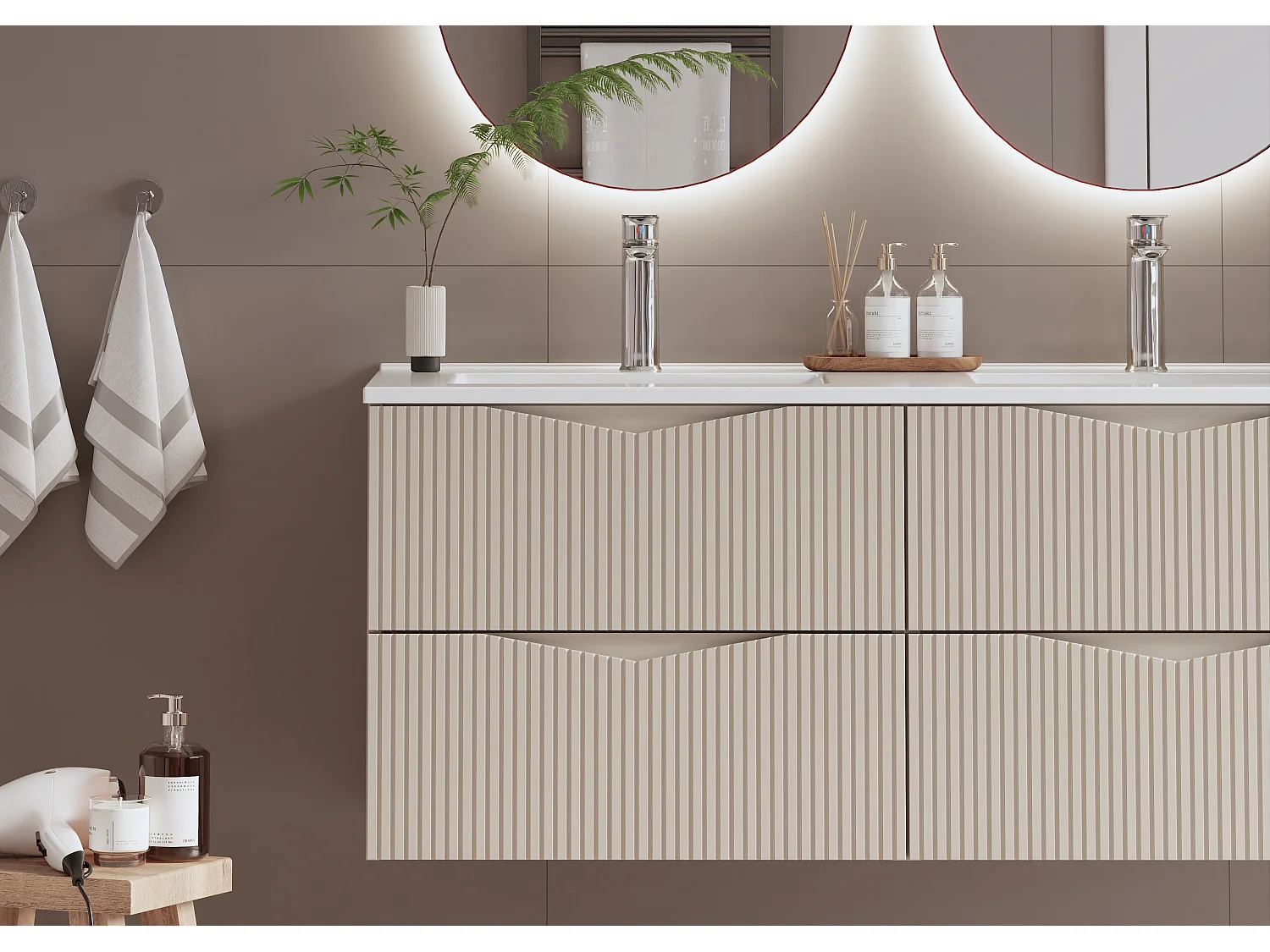 Conjunto mueble lavabo doble encastrado 120cm y columna Tao Cachemira