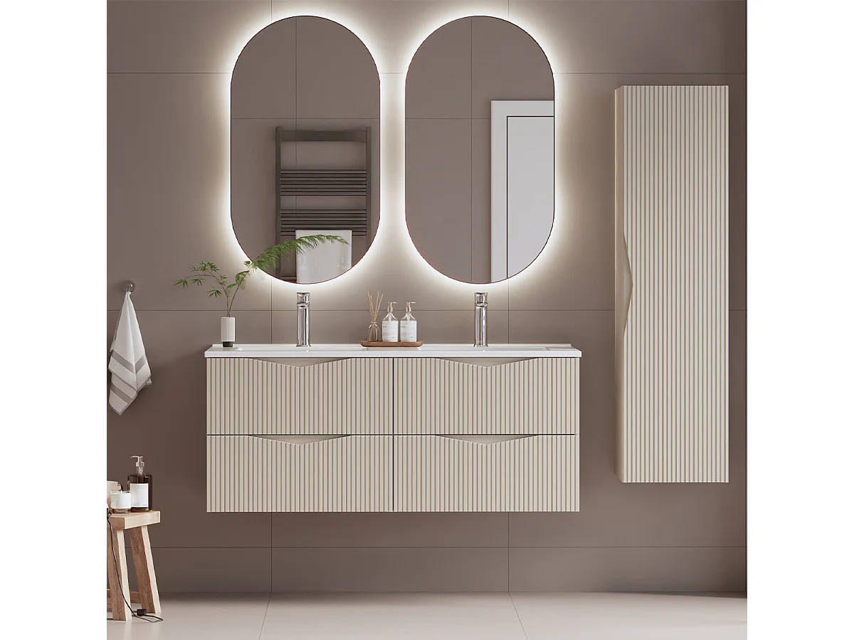 Ensemble meuble double vasque encastrée 120cm et colonne Tao Cachemire