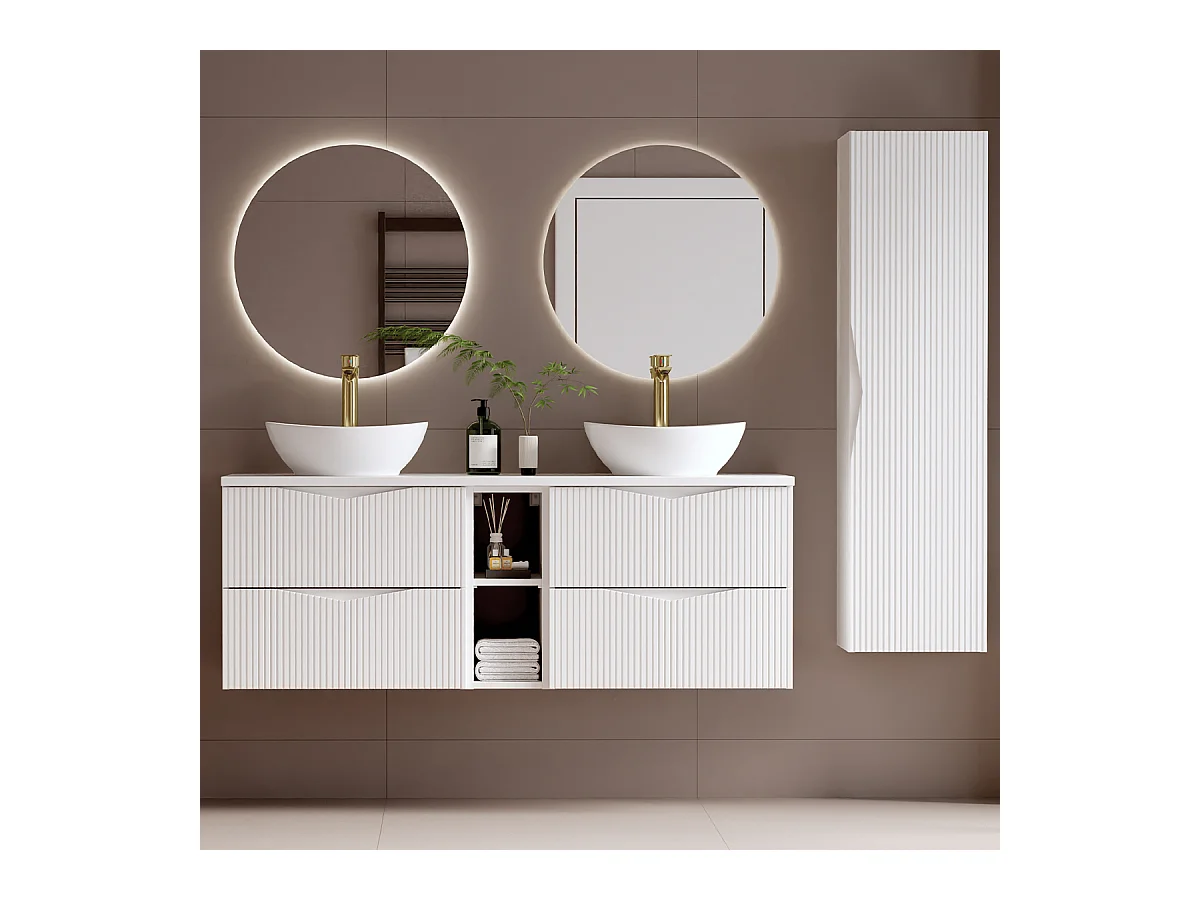 Ensemble meuble double vasque 140cm 2 niches et colonne Tao Blanc