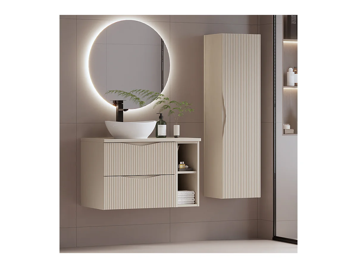 Ensemble meuble simple vasque 80cm 2 niches et colonne Tao Cachemire