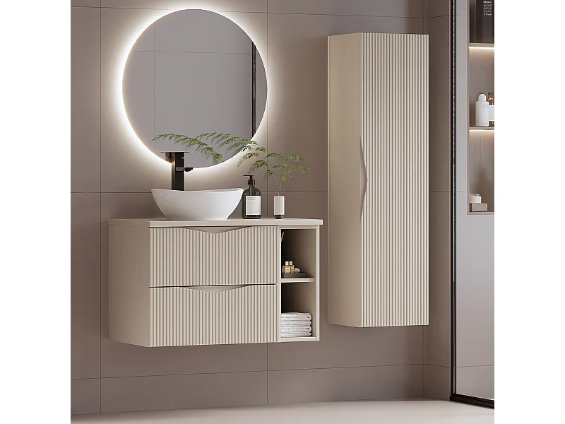 Ensemble meuble simple vasque 80cm 2 niches et colonne Tao Cachemire