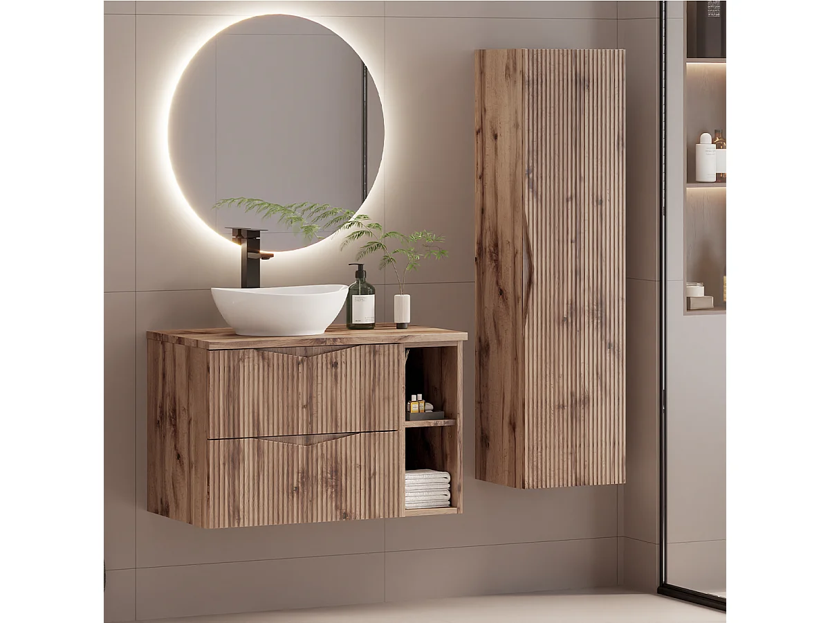 Ensemble meuble simple vasque 80cm 2 niches et colonne Tao Bois