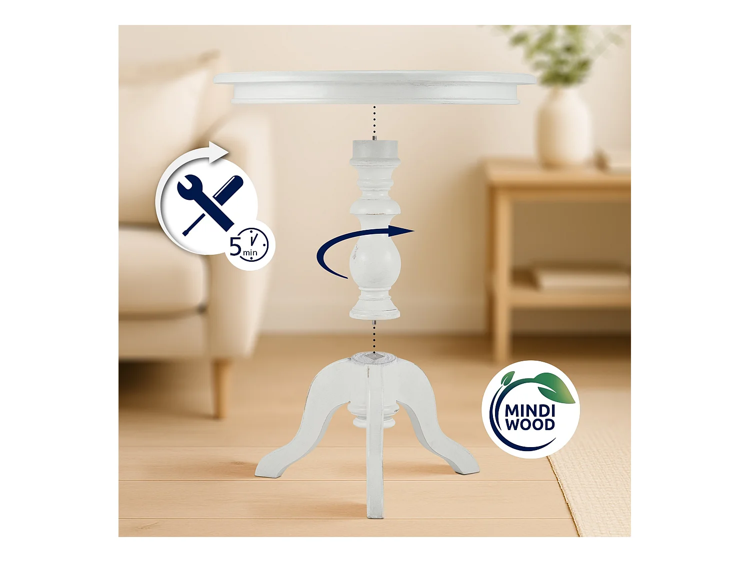 Table d'appoint - rond Ø 70 cm - Bois - Blanc antique - Wiva