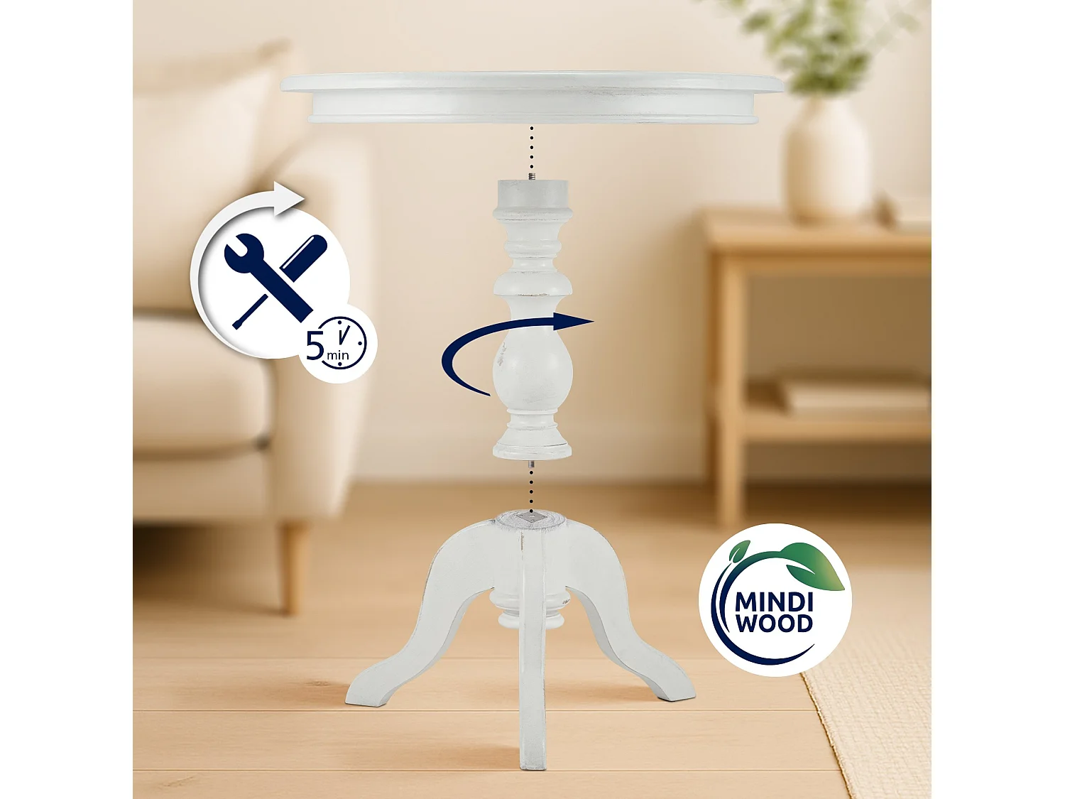 Table d'appoint - rond Ø 70 cm - Bois - Blanc antique - Wiva