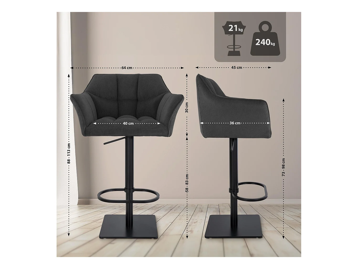 Tabouret de bar - Cordon & Noir - Gris foncé - Damaso