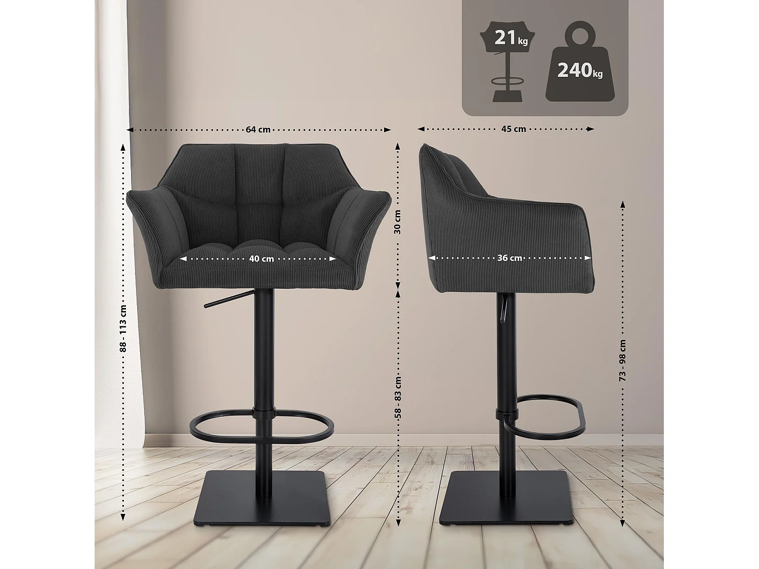 Tabouret de bar - Cordon & Noir - Gris foncé - Damaso