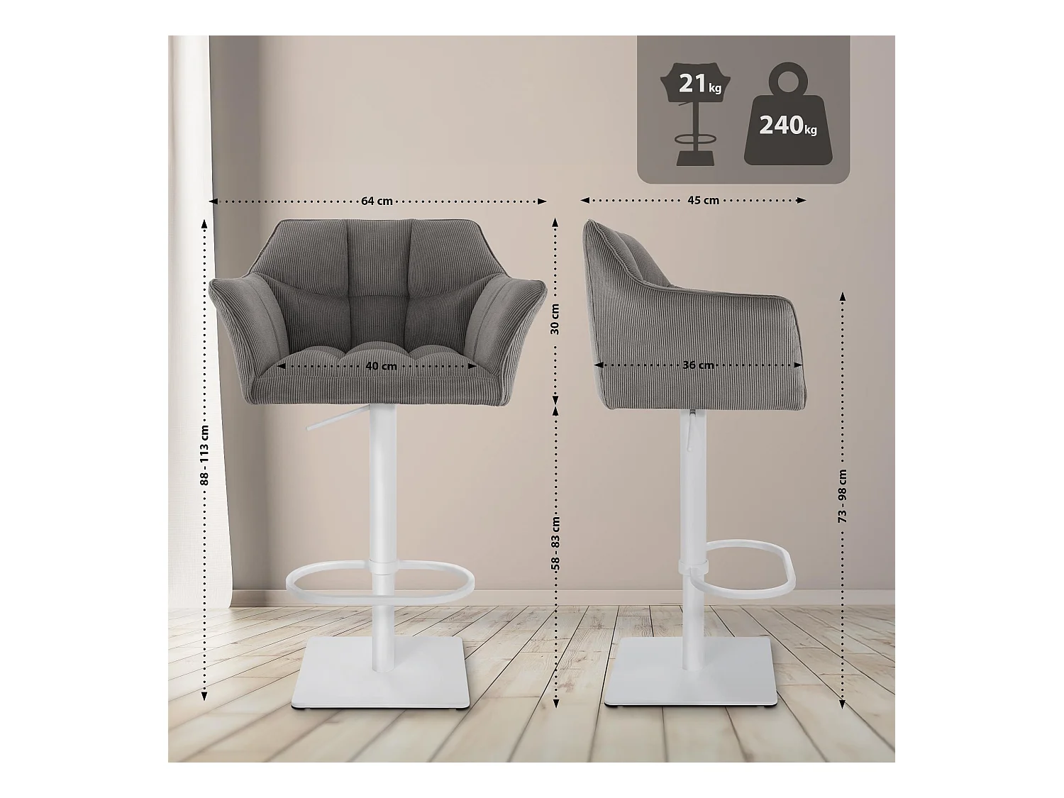 Tabouret de bar - Cordon & Blanc - Taupe - Damaso