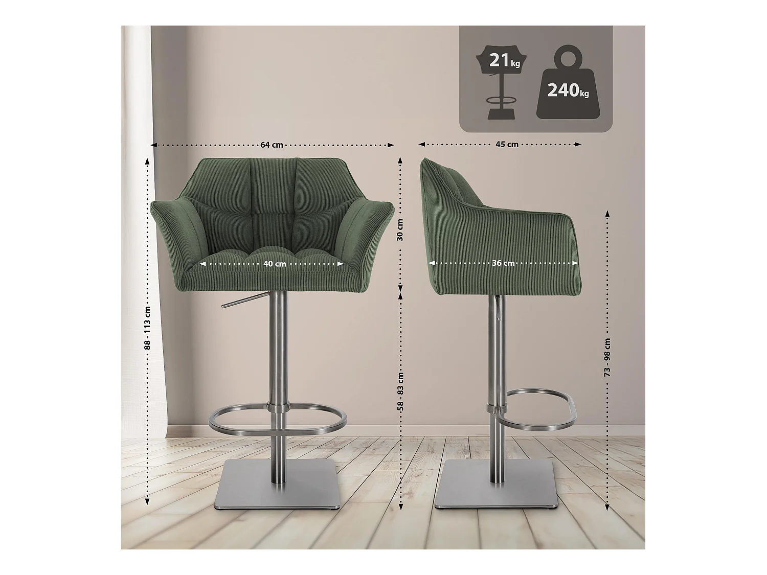 Tabouret de bar - Cordon & Acier inoxydable - Vert - Damaso