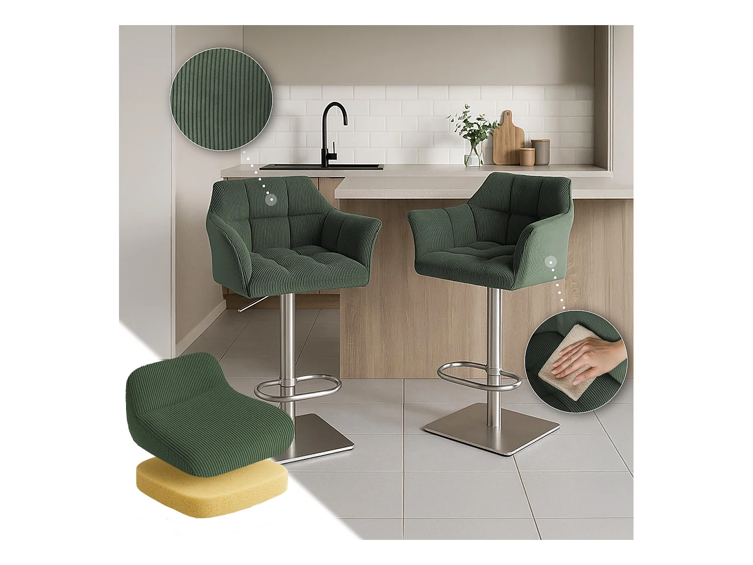 Tabouret de bar - Cordon & Acier inoxydable - Vert - Damaso