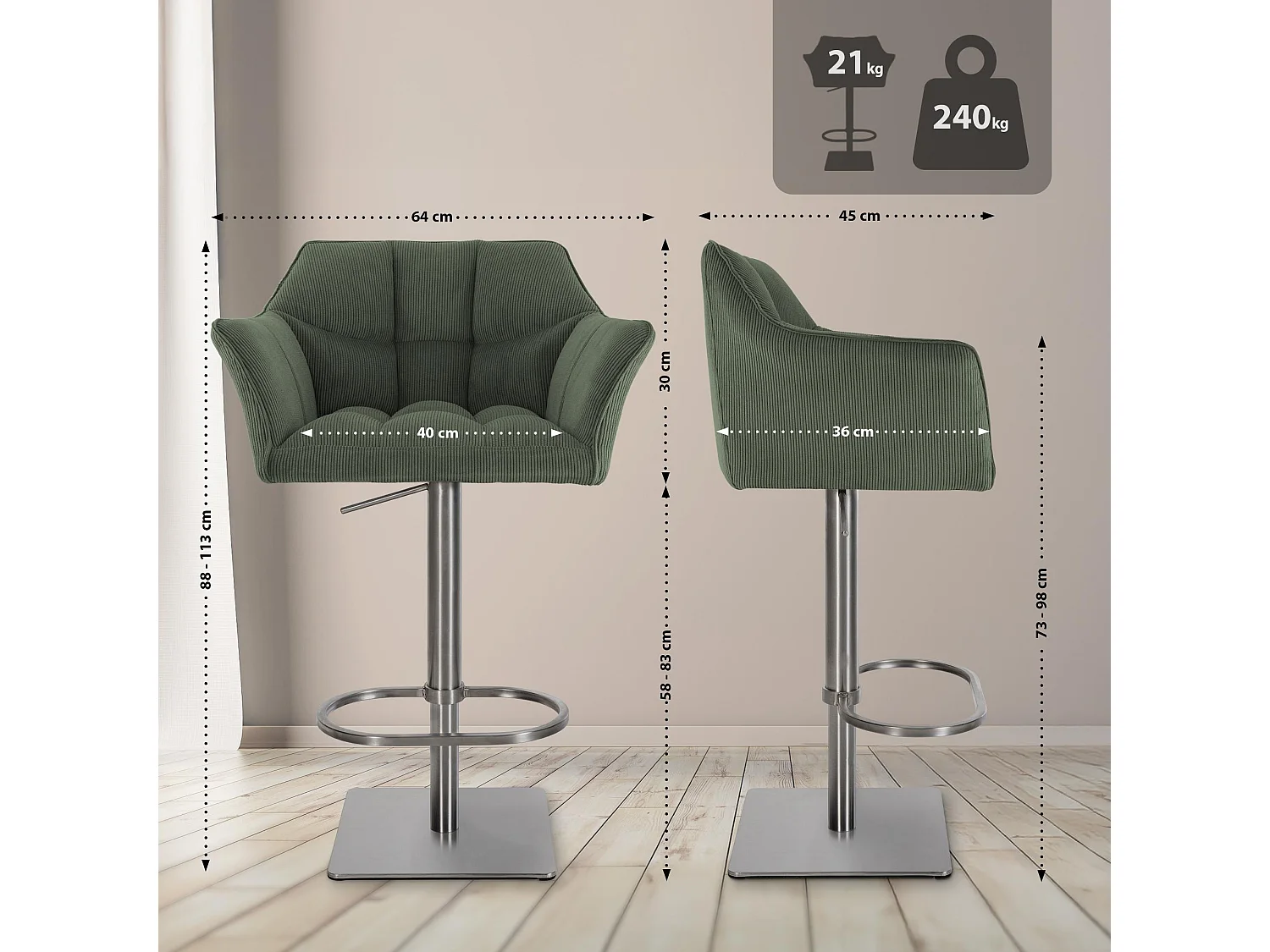 Tabouret de bar - Cordon & Acier inoxydable - Vert - Damaso