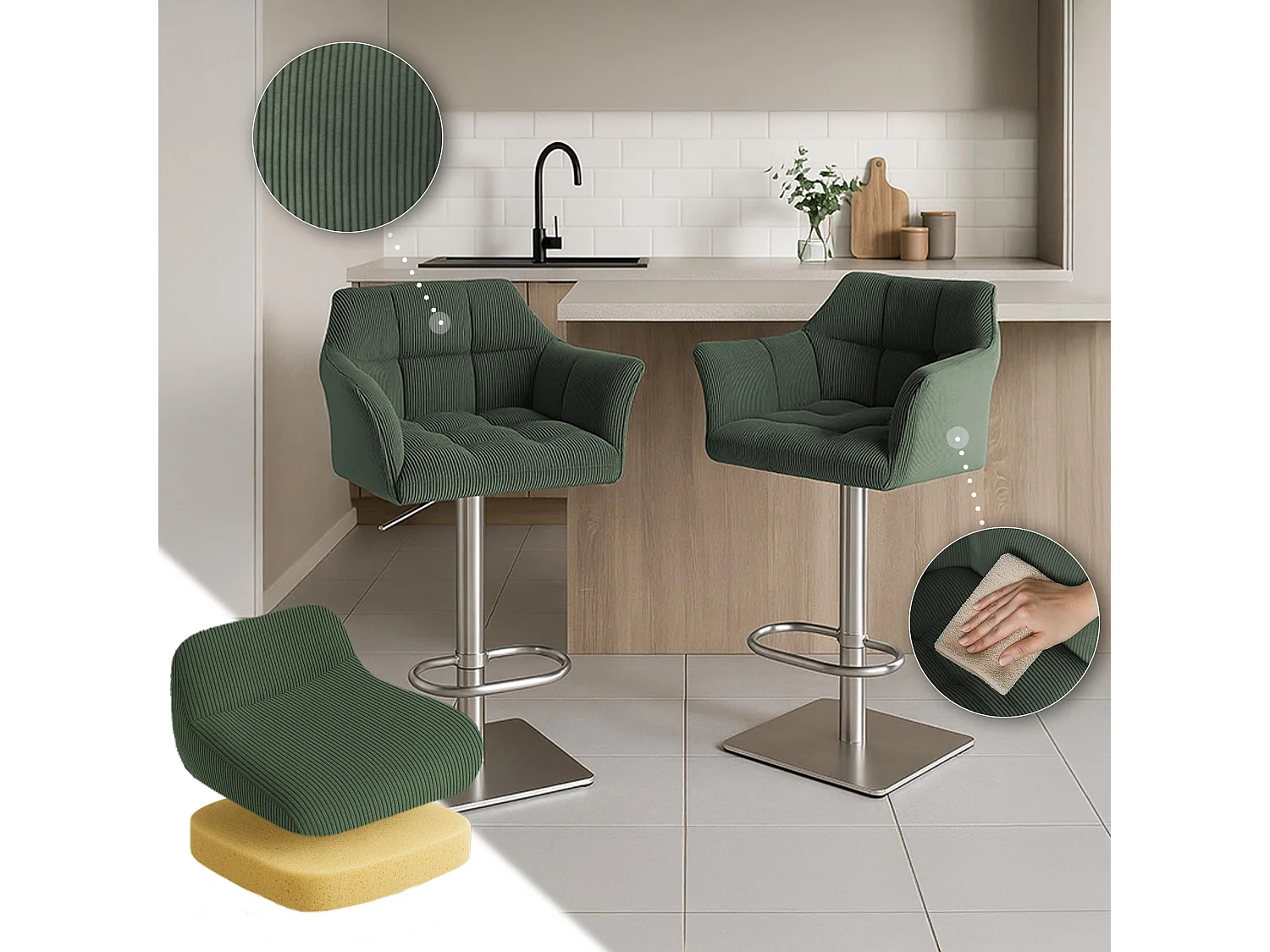 Tabouret de bar - Cordon & Acier inoxydable - Vert - Damaso