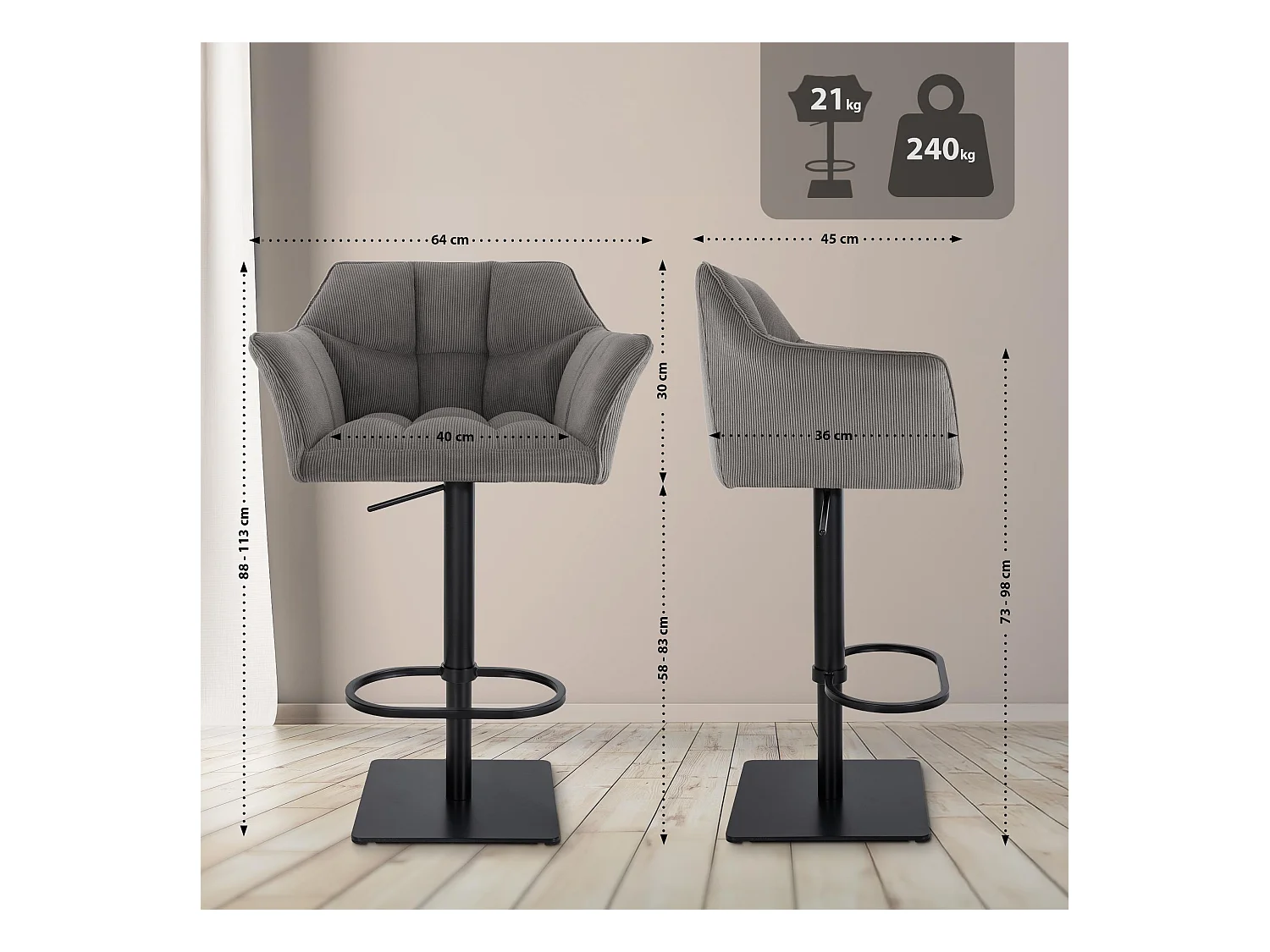 Tabouret de bar - Cordon & Noir - Taupe - Damaso