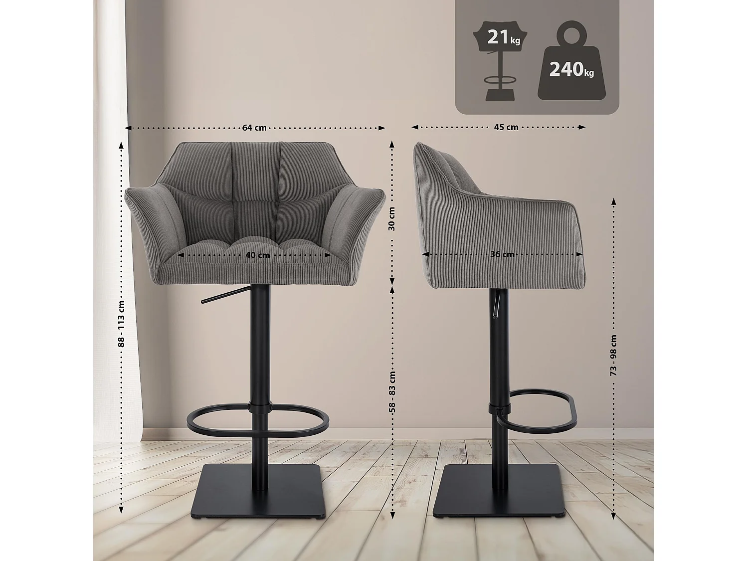 Tabouret de bar - Cordon & Noir - Taupe - Damaso
