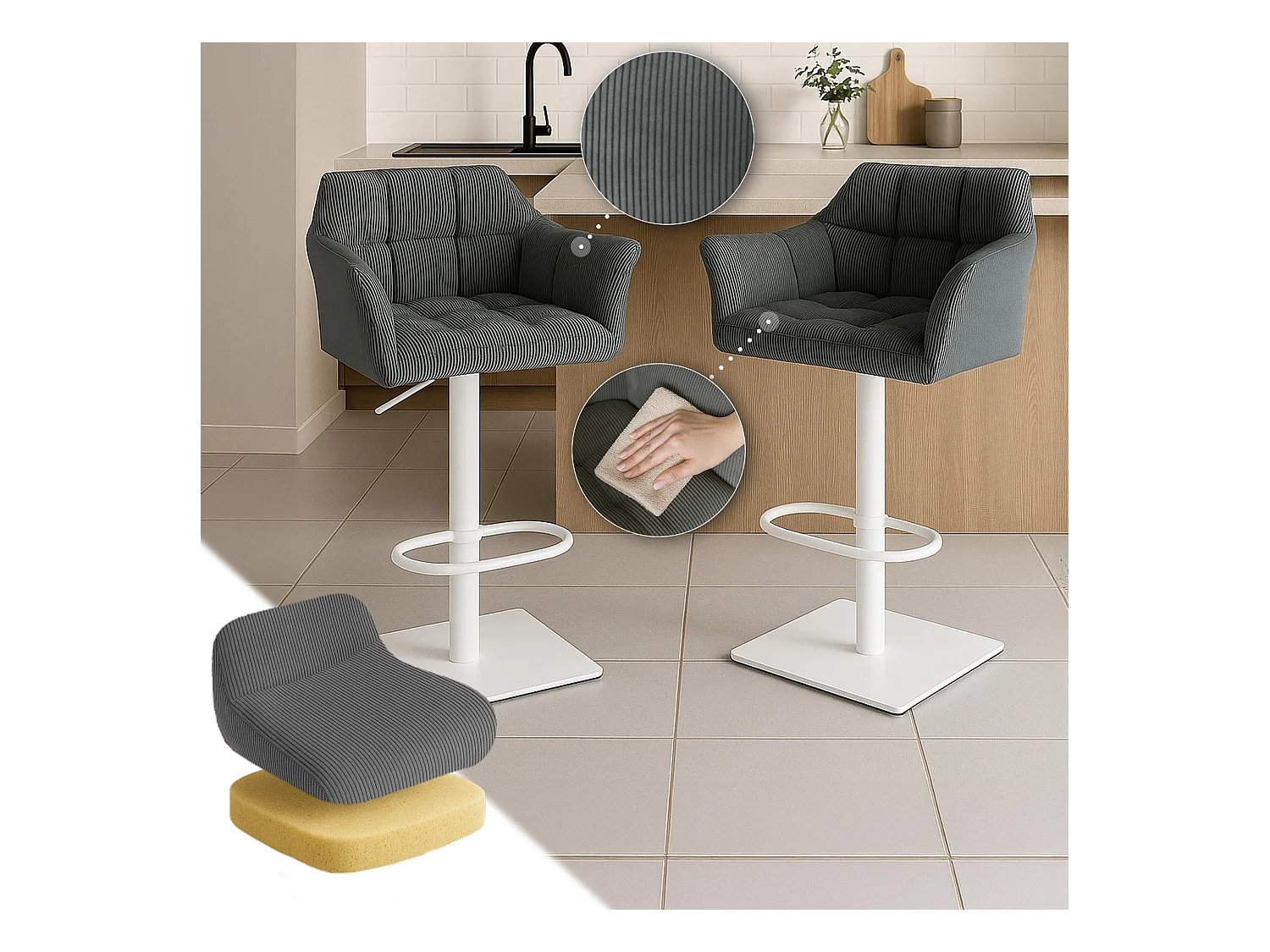 Tabouret de bar - Cordon & Blanc - Gris - Damaso