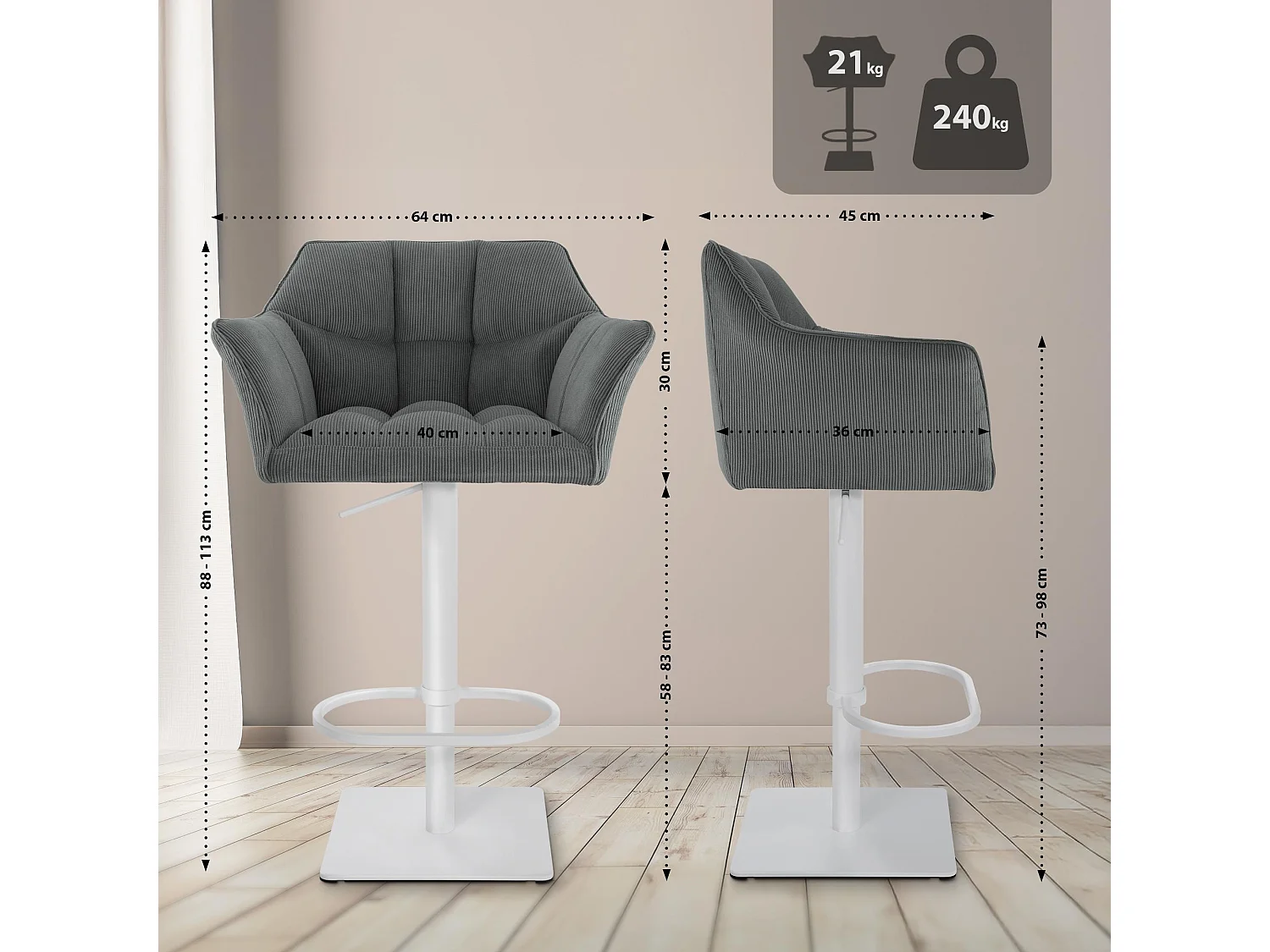 Tabouret de bar - Cordon & Blanc - Gris - Damaso