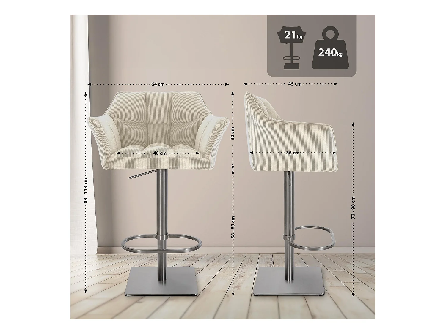 Tabouret de bar - Cordon & Acier inoxydable - Crème - Damaso