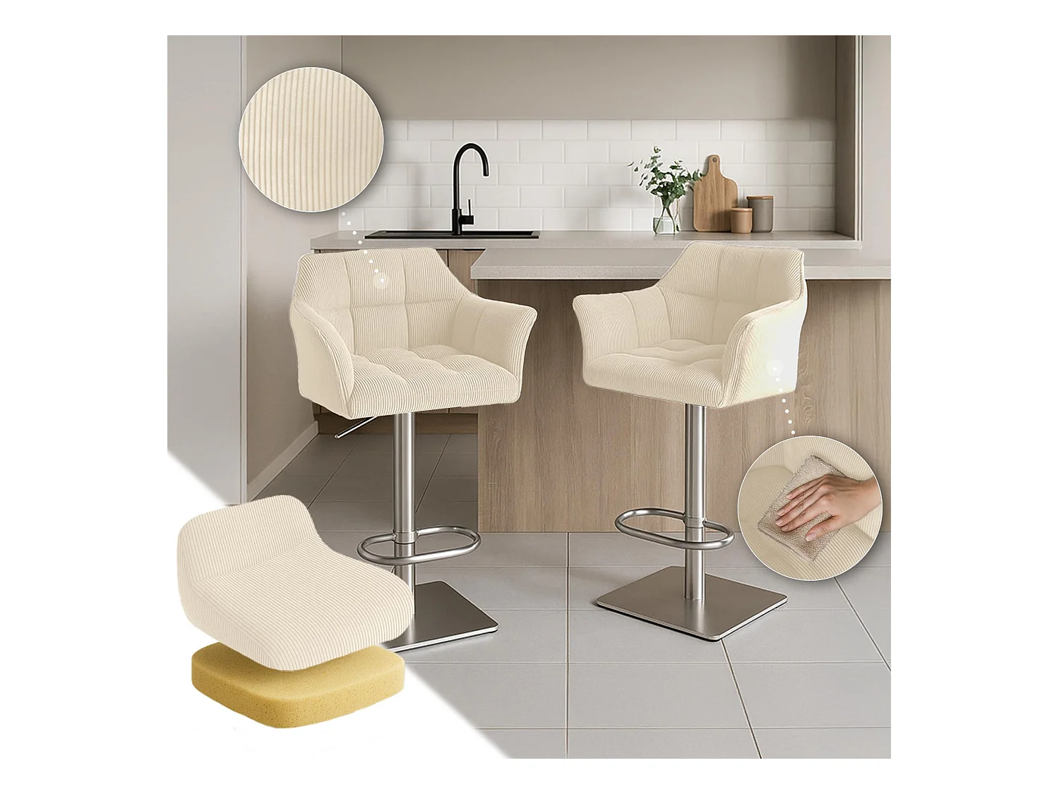 Tabouret de bar - Cordon & Acier inoxydable - Crème - Damaso