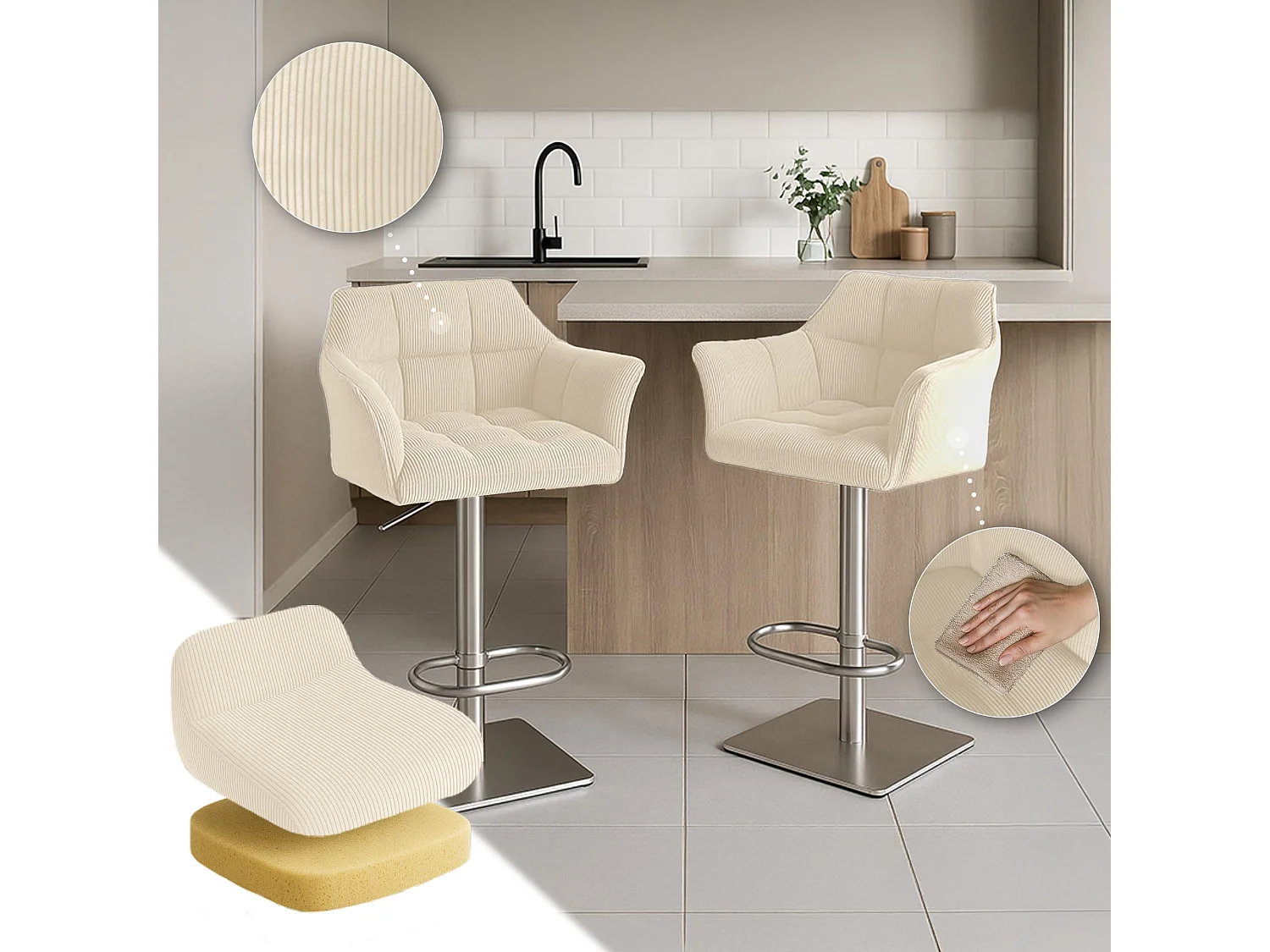 Tabouret de bar - Cordon & Acier inoxydable - Crème - Damaso