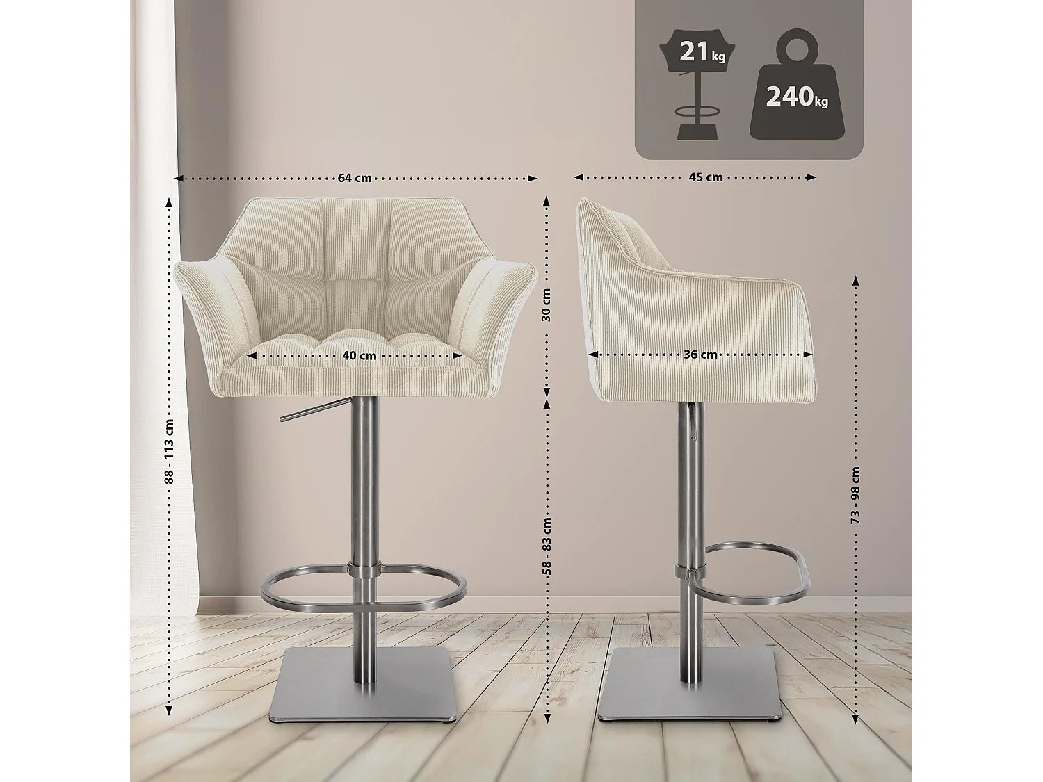 Tabouret de bar - Cordon & Acier inoxydable - Crème - Damaso