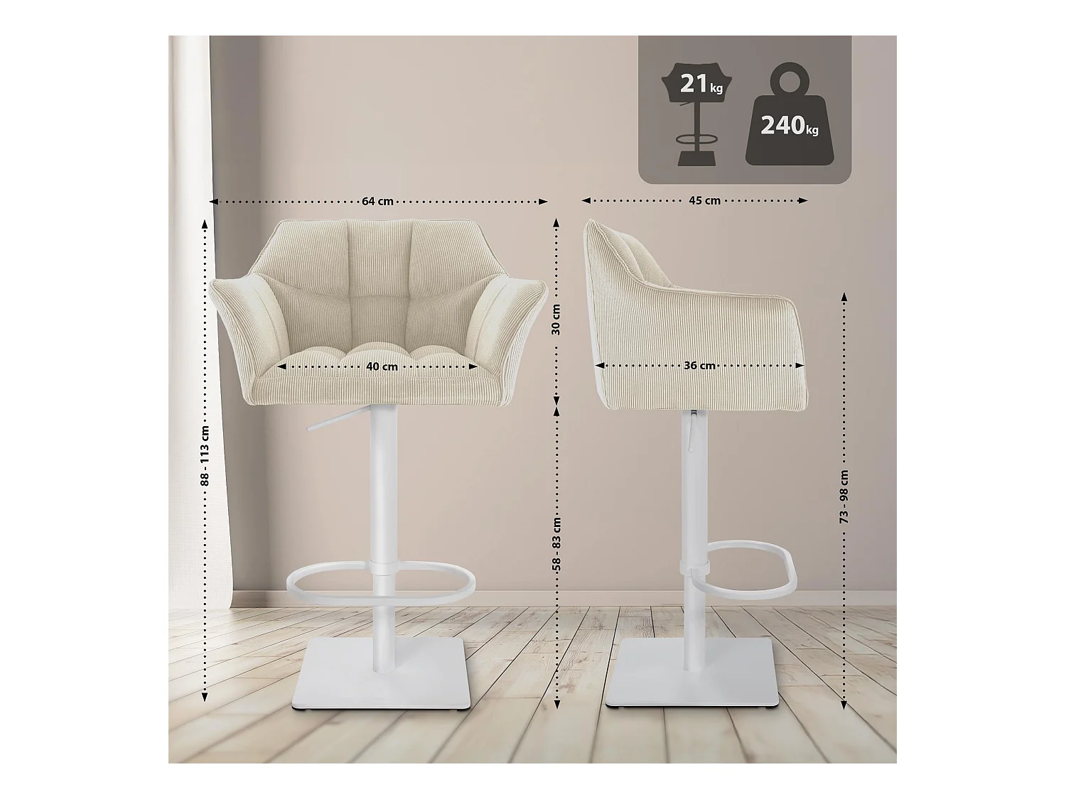 Tabouret de bar - Cordon & Blanc - Crème - Damaso