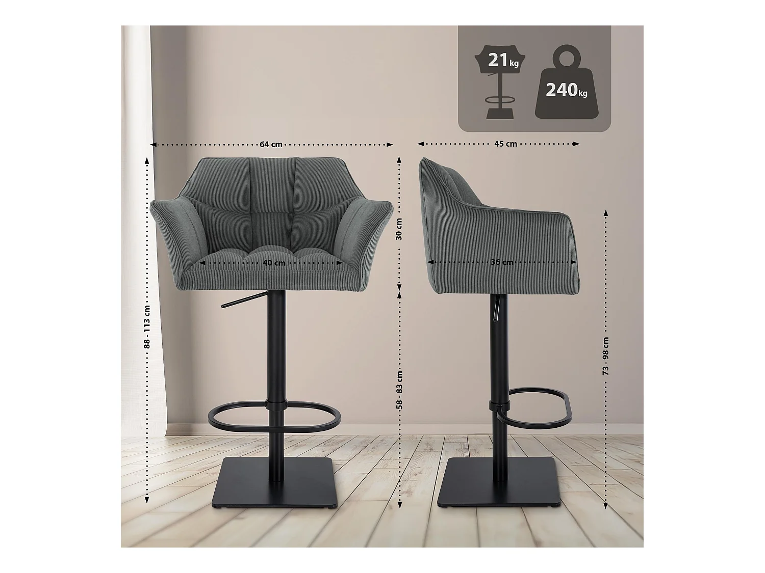 Tabouret de bar - Cordon & Noir - Gris - Damaso